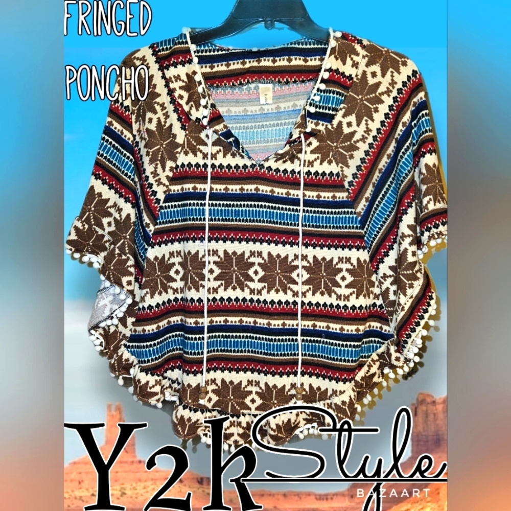 ‼️3 for 25‼️ Vintage Y2K Bohemian fringed poncho by RJ Story